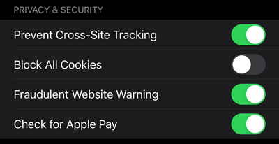 Safari settings Privacy & Security section