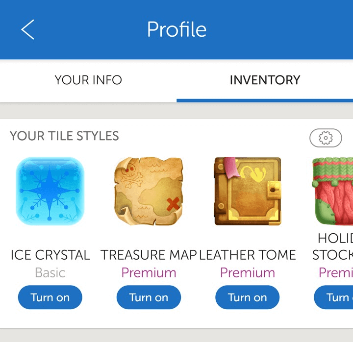 Tile Styles Inventory page in Words With Friends