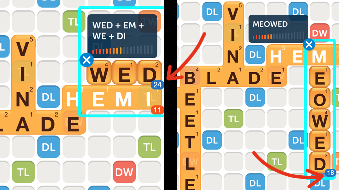 24-point play with the words WED + EM + WE + DI and another 18-point word being MEOWED