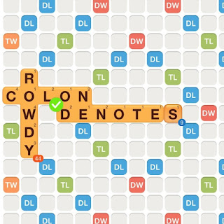 WWF game with the words colon, rowdy, and denote played on the board. An &quot;S&quot; is added at the end of denote, forming denotes, to show an example of pluralizing.