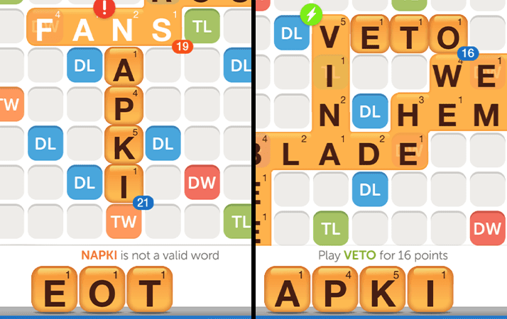 Screenshots of WWF showing the word napki and veto