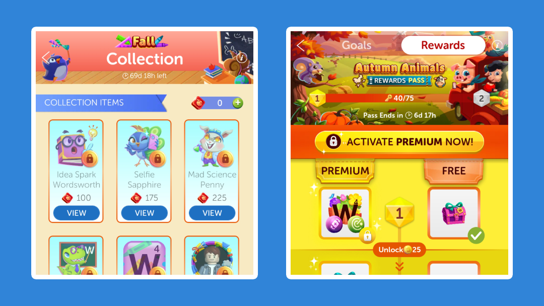 Screenshots of the Words With Friends Seasonal Collection and Rewards Pass