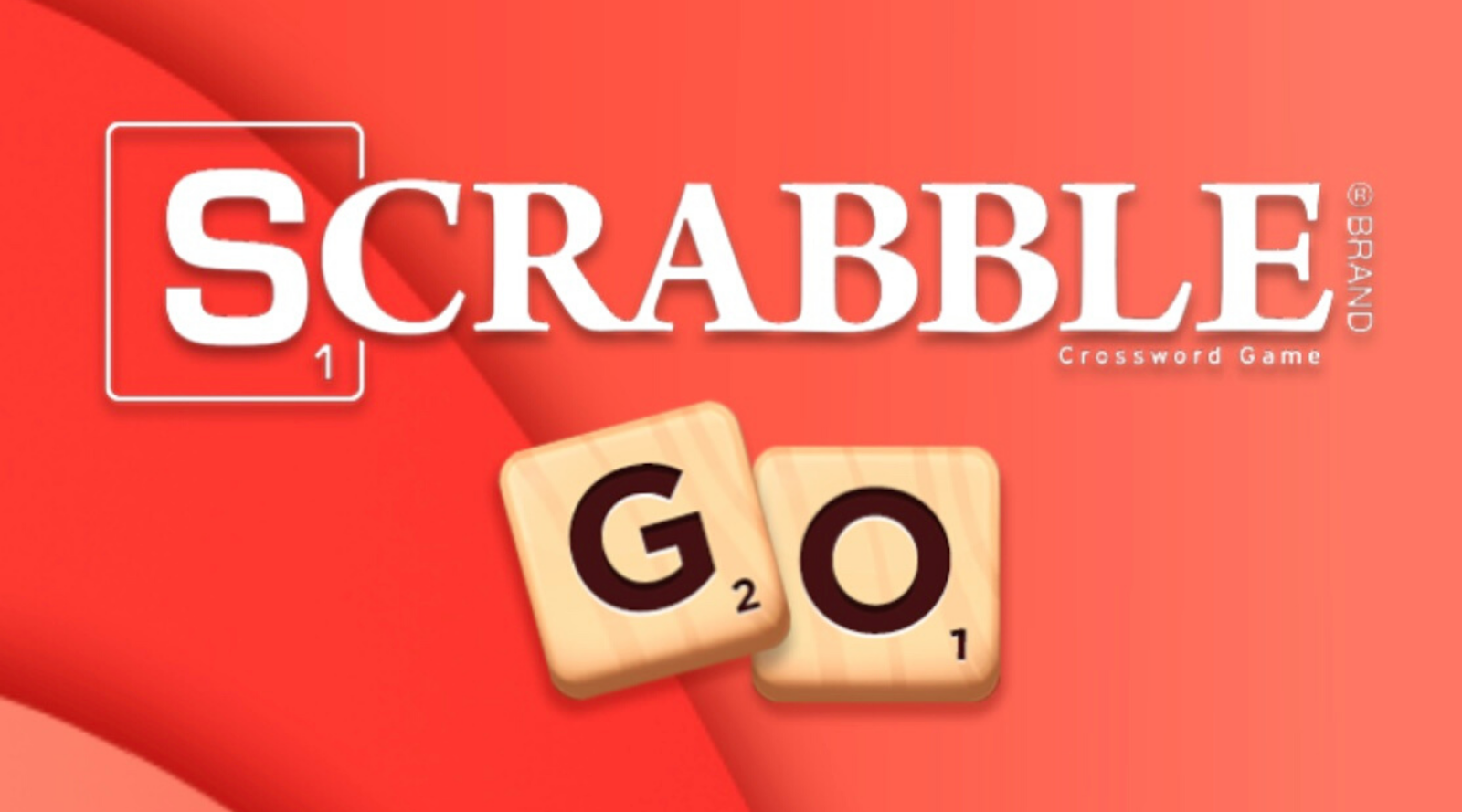 Orange and red background.Text: Scrabble Go. The 'S' in "Scrabble" is surrounded by a square with the number 1 in the lower right corner. The 'G' and 'O' in "Go" are in traditional Scrabble tiles with the number 2 in the lower right corner of the 'G' tile and the number 1 in the lower right corner of the 'O' tile. The text "Crossword Game" is written in small font below the 'L' and 'E' in "scrabble".