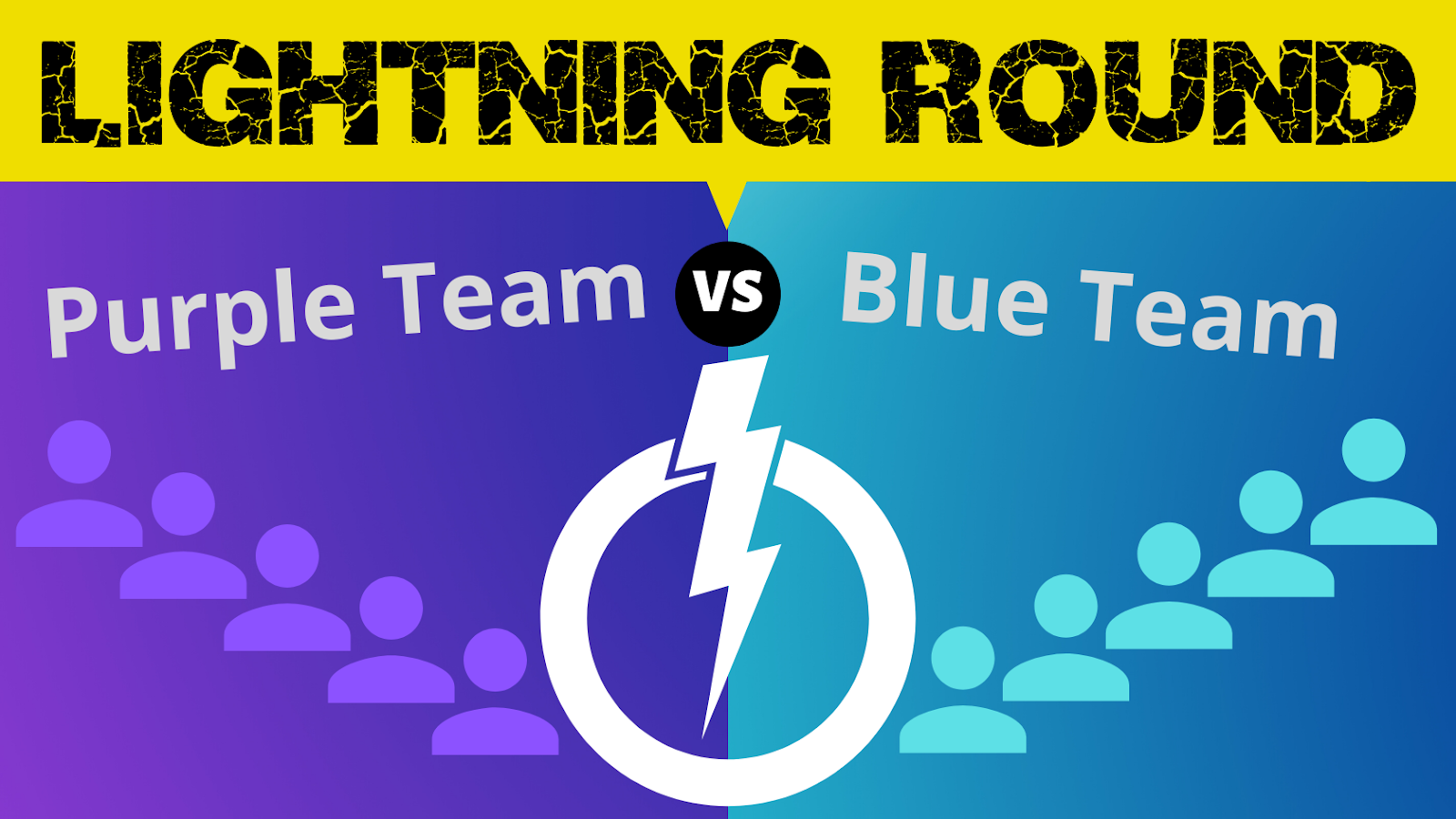 Text: Lightning Round (written in black lightning font on yellow background). Purple background on the left and blue background on the right. Text: Purple team vs. Blue team. Image of five players on each side. Image of a white lightning bolt with a circle around it in the middle.