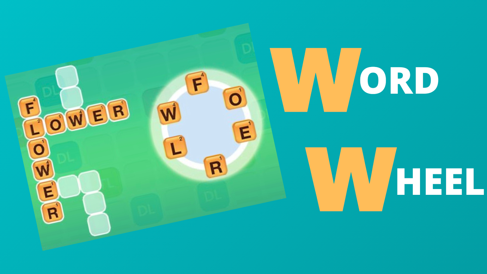 Text: Word Wheel. Picture of gameboard with words "flower" and "lower" on the board along with a few blank spaces for other words. Picture of word wheel with letters "F", "O", "E", "R", "L", "W" placed in a circle on the wheel.