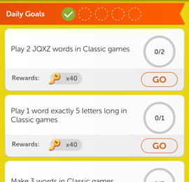 Screenshot of the Words With Friends Rewards Pass daily goals