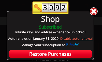 Screenshot of the Shop dialog to cancel a subscription