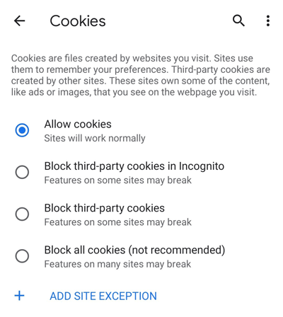 Chrome cookie settings