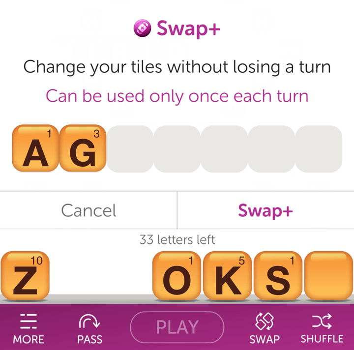 Swap Plus power up example in Words With Friends