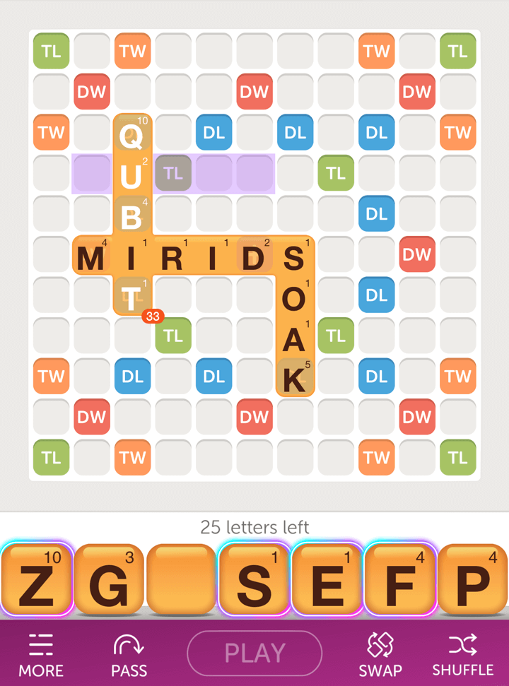 Word Clue power up example in Words With Friends